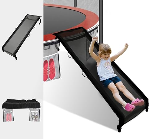 Eurmax USA Trampoline Safe Slide and Ladder for Kids, Universal Hook Design, UV-Resistant Steel and Fabric, Includes Shoe Storage Pocket, Universal Trampoline Accessories - style: Black-Slide w/ shoes pocket
