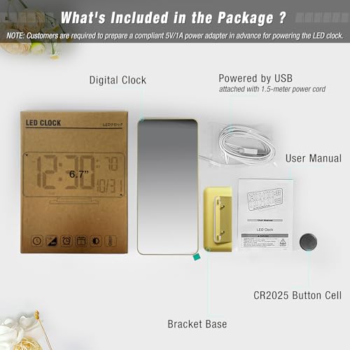 KOSUMOSU Desk Clock for Bedroom Accessories 6.7in Gold Digital Alarm Clock with Dimming,12/24h, Date, Day of Week, Temp, LED Clock, Modern Digital Calendar Clocks for Living Room Essentials - color: Gold Clock