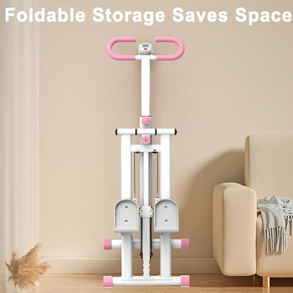 Upgraded Vertical Climber Stair Stepper with Resistance Bands, Full Body Home Workout Machine, Adjustable Handlebar & Digital Monitor - color: White&Pink
