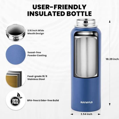 RAYMYLO Insulated Water Bottle 40 oz, Triple Wall Vacuum Stainless Steel - color: Dark Blue, size: 40 Ounces