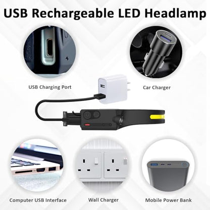 LED Headlamp Rechargeable with Motion Sensor Lamp Head light Ultra Bright - size: 3 Pack Black