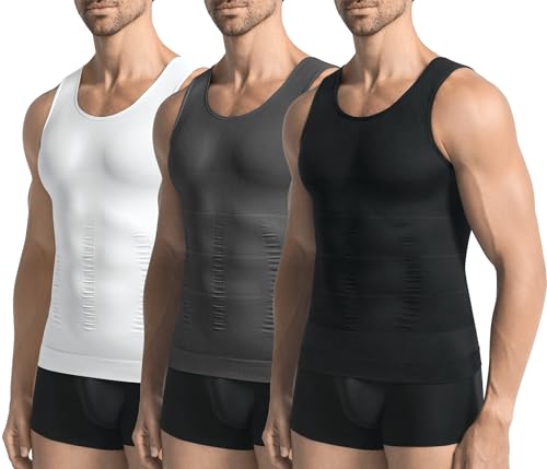Mens 3 Pack Body Shaper Slimming Tummy Vest Thermal Compression Shirt Tank Top Shapewear Black/White/Grey