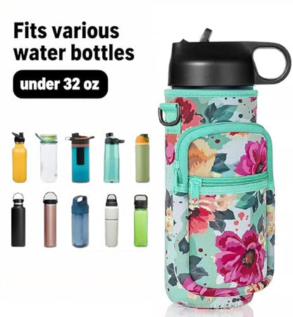40oz Neoprene Water Bottle Sling with Phone Pocket, Crossbody - color: Flower Green, size: 32oz Short