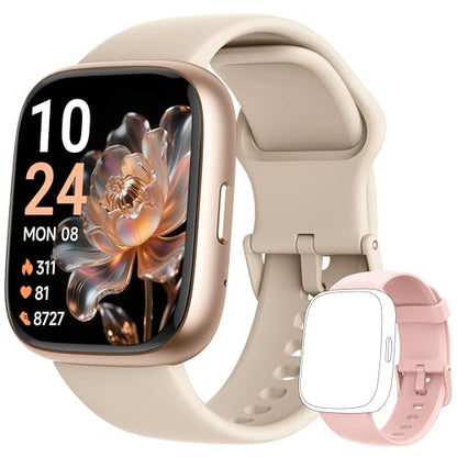 Smart Watch 2026 Upgrade for Women Men Android & iPhone [2 Bands, 44mm case, 1.83''], Alexa Built-in, Make/Answer Call, HR SpO2 Sleep Stress Monitor Fitness Tracker, IP68 Waterproof Step Counter Watch - color: Beige