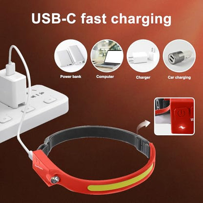 Headlamp Rechargeable LED (2-Pack, Red) 230° Wide Beam, USB-C Lightweight Head Lamp, Long Runtime, Water-Resistant for Camping, Hiking, Running, Fishing, Repair Work - color: Red