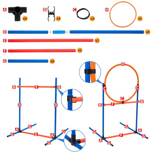 5 in 1 Dog Agility Equipment Set, Complete Agility Training Equipment Kit with Dog Tunnel, Adjustable Jump Hurdle, Jump Ring, Weave Poles & Pause Box, Portable Plastic Pet Obstacle Training Gear