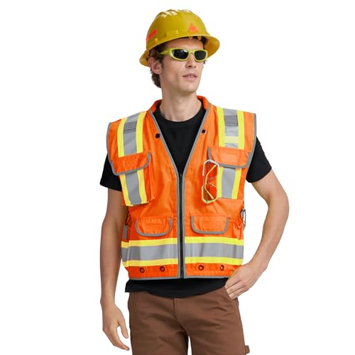 AYKRM Heavy Woven cotton High Vis Reflective work construction safety vest for men Class 2 with ipad Cargo Back Pocket - color: Orange, size: X-Large