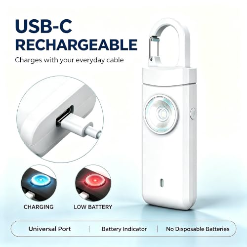 Personal Alarm Keychain 130dB Loud Siren, USB-C Safety Alarm with LED Flashlight & Strobe Light, Emergency Panic Button for Women, Elderly, Seniors, Night Running, Outdoor Travel (White) - color: White