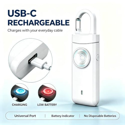 Personal Alarm Keychain 130dB Loud Siren, USB-C Safety Alarm with LED Flashlight & Strobe Light, Emergency Panic Button for Women, Elderly, Seniors, Night Running, Outdoor Travel (White) - color: White