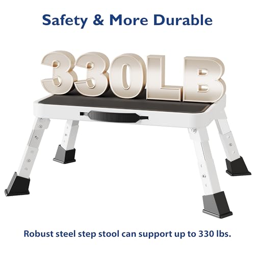 BONTEC Folding Step Stool, 3-Level Adjustable Metal Step Stool, 330lbs - color: White