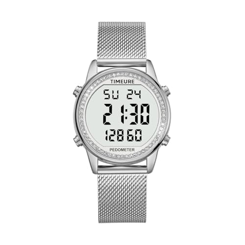 TIMEURE Pedometer Watch for Women, Step Counter Watch, No App or Charging - color: Silver-CRYSTAL
