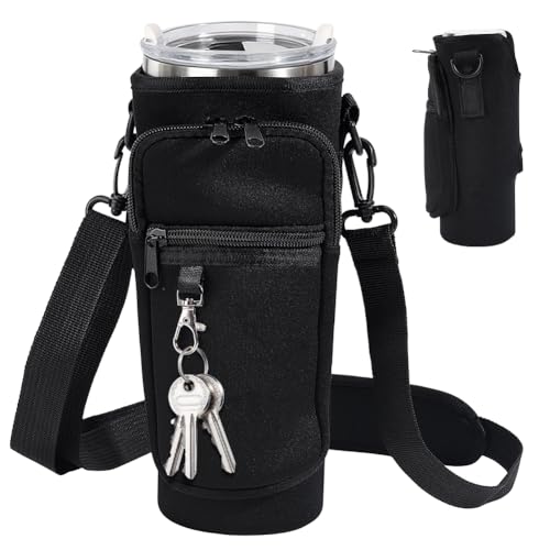 2Pcs Water Bottle Carrier Bag with Phone Pocket Adjustable Strap 40oz Thumbler Neoprene Sports Water Bottle Holder Pouch with 3 Pockets Soft Sponge Padding for Walking Hiking Camping Pink - color: Black