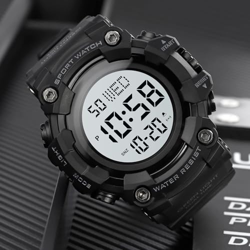 XCZAP Men's Black Digital Sports Watch, Large Face Military Tactical Watch, 5ATM Water Resistant, LED Backlight, Alarm, Stopwatch,Dual Time - color: Black-0