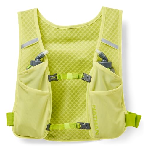 Nathan QuickStart Hydration Pack Vest with Bladder or flasks, Storage Pockets, Breathable Moisture-Wicking Fabric, Adjustable Straps for Running, Hiking, Walking, Marathons, Obstacle Races - color: (2) 14oz Flasks Light Lime/Finish Lime, size: 4L Storage