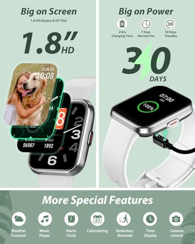 Smart Watch for Women Android & iPhone, Alexa Built-in, 1.8" Touch Screen Fitness Tracker with Answer/Make Calls, IP68 Waterproof Heart Rate/Sleep/SpO2 Monitor, Pedometer, 100+ Sport Modes, White - color: Light White