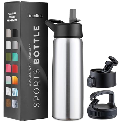 FineDine Insulated Water Bottle with Straw, 25 Oz, Brushed Stainless Steel - color: Brushed Stainless Steel, size: 25 Ounces