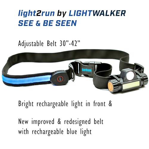 Re-Designed Belt with 2 USB Rechargeable Lights A Bright Front LED & COB and Back Light Strip On Belt for Safety and Visibility, Brighter Than Reflective Gear, for Night Runners & Dog Walking