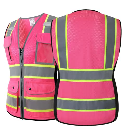 High Visibility Reflection Pink Mesh Safety Vests with 8 Pockets and Front Zipper, hi vis safety vest for Women(Pink-16,Medium) - color: Pink, size: Medium