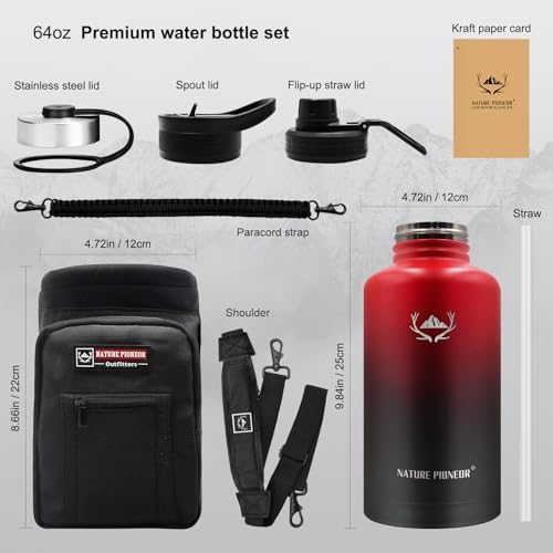 NATURE PIONEOR 64 oz Insulated Water Bottle with Carrier Bag & 3 Lids - color: Red Black, size: 64 Ounces