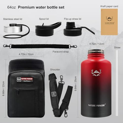 NATURE PIONEOR 64 oz Insulated Water Bottle with Carrier Bag & 3 Lids - color: Red Black, size: 64 Ounces