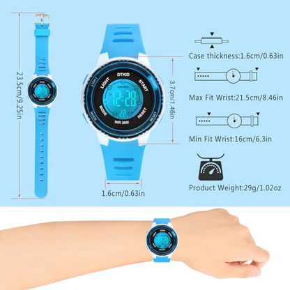 DTKID Digital Kids Watch 30 M Waterproof for Girls Boys 5-16 - color: Bright blue