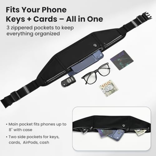 Slim Running Belt Fanny Pack for Men and Women – No-Bounce Waist Pack for Phone, Fits iPhone 17 Pro Max, Sweatproof 3-Pocket Pouch for Runners, Gym, Hiking (Black) - color: Black