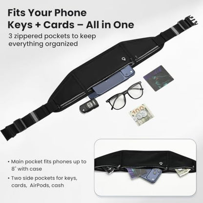 Slim Running Belt Fanny Pack for Men and Women – No-Bounce Waist Pack for Phone, Fits iPhone 17 Pro Max, Sweatproof 3-Pocket Pouch for Runners, Gym, Hiking (Black) - color: Black