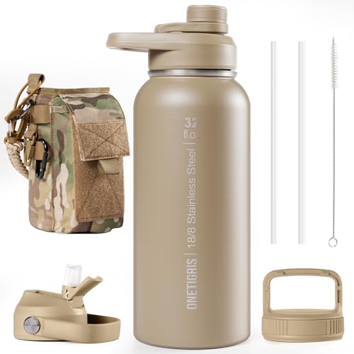 ONETIGRIS 32oz Insulated Tactical Water Bottle with Straw & MOLLE Sleeve - color: Camo