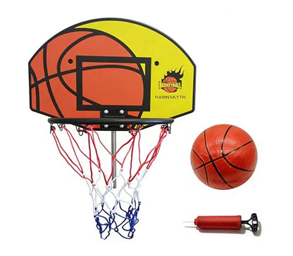 Trampoline Basketball Hoop, Fits Most Straight & Curved Poles, with Stainless Steel Angle-Adjustable Mounting Base, Includes Mini Basketball & Pump (with Clamp, 21 * 14inch)