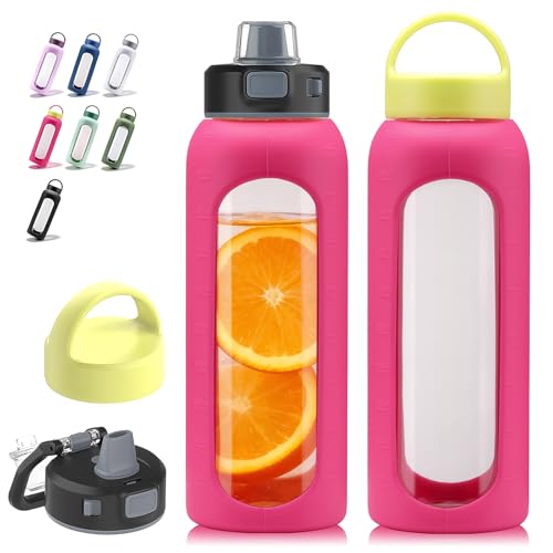 Kodrine Glass Water Bottle 32 oz with Straw and 2 Lids, Rosered - color: Rose Red, size: 32 Ounces