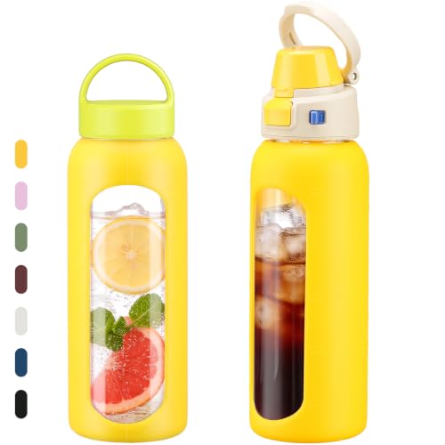 MUKOKO 32oz Glass Water Bottle with Straw, 2 Lids-Staw Lid and Screw Handle Lid, 1 Liter Reusable Drinking Bottle with Time Marker for Sports and Home, Yellow - color: Yellow, size: 32 Ounces