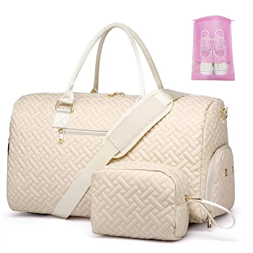 Duffle Bag for Travel, Weekender Bag with Shoe Compartment, Carry On Overnight Bag for Women with Toiletry Bag, Gym Bag with Wet Pocket, Hospital Bags for Labor and Delivery Beige - color: Beige