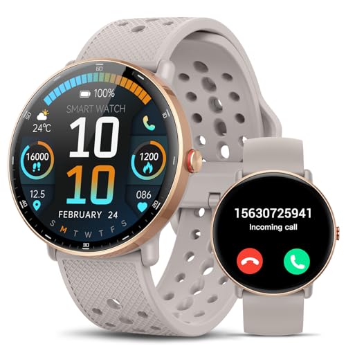 Smart Fitness Watch for Women Men for Android iPhone, Round Face Activity Tracker with Step Counter, Sleep & Calorie Monitor, Pedometer, Bluetooth Call, IP68 Waterproof, 112+ Sports (Gray) - color: Gray