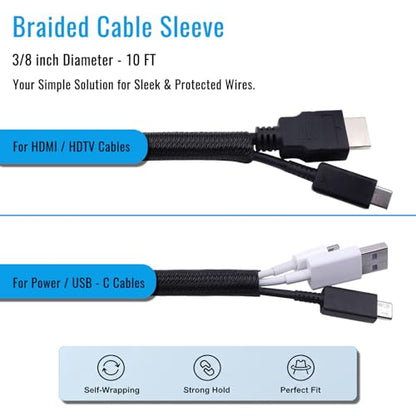3/8" - 10Ft Split Braided Cable Sleeve, Wire Loom Tubing, Black - size: 3/8" - 10Ft