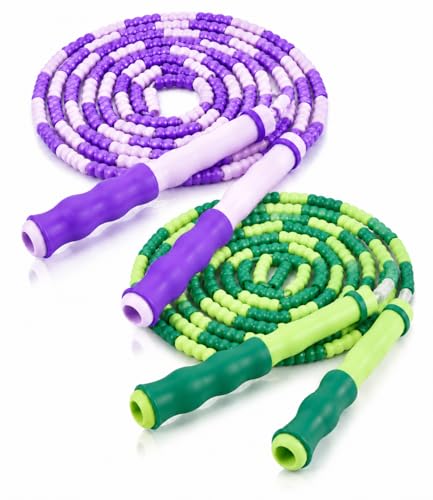 Jump Rope for Kids, Beaded Jumping Rope for 8-12, 9Ft Adjustable Skipping Rope with Soft Beaded, Tangle-Free Jumprope for Girls Boys, Students Outdoor Fitness Exercise - color: Green+Purple