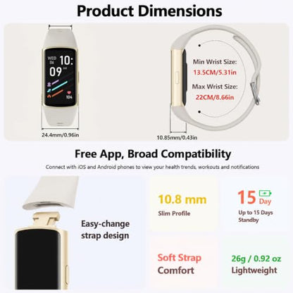 FITVII Slim Fitness Tracker for Women Men, Fitness Watch for Android iOS - color: Off white