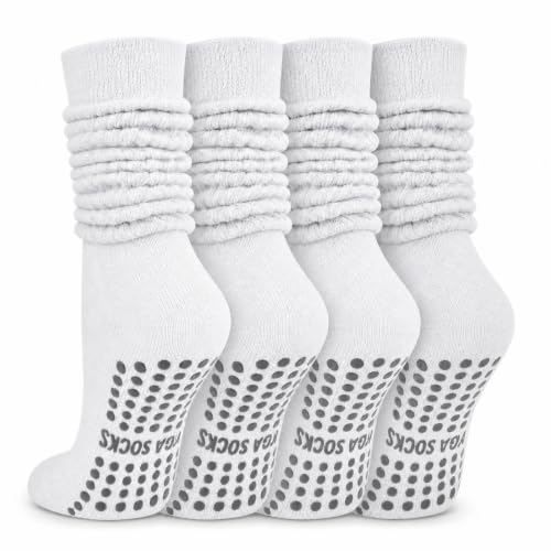 Pilates Socks with Grips for Women, Yoga Slouch Scrunch Socks - color: White