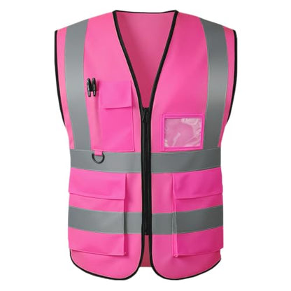 High Visibility Safety Vest with Reflective Strips & Pockets - color: Pink, size: XX-Large