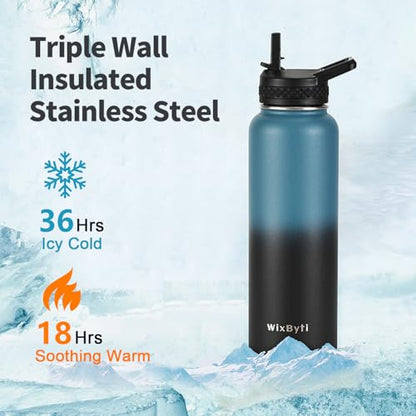 WixByti 40 oz Insulated Water Bottle with Straw, Stainless Steel Water Jug - color: Blue/Black Gradient, size: 40 Ounces