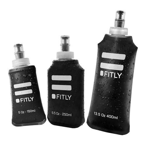 FITLY FLASKS Combo - 3 Handheld Soft Flask, Collapsible Water Bottles for Running, Marathon, Hiking, Cycling (5 oz, 8.5 oz, 13.5 oz / 150-250-400 ml) - color: Black, style: Sporty