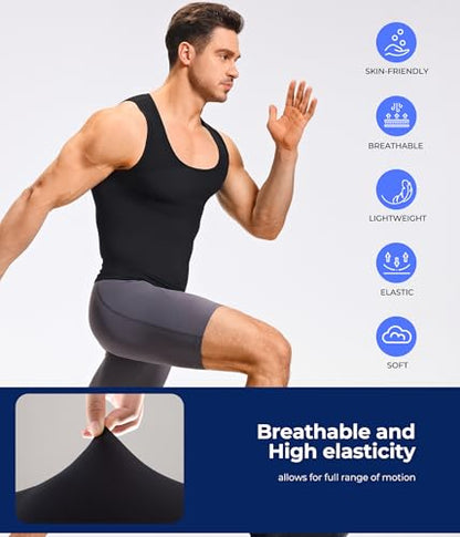 TAILONG Mens Compression Shirt - Slimming Body Shaper Sleeveless Workout Tank Top Undershirts Tummy Control Vest - color: Black, size: X-Large