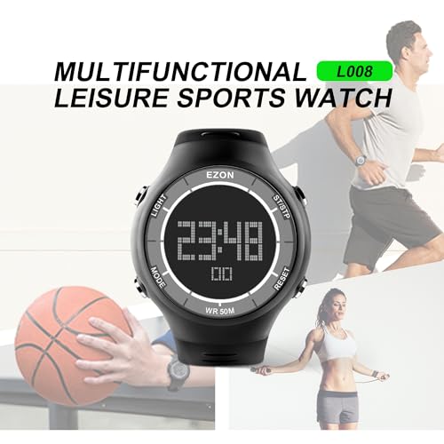 EZON Digital Watch with Stopwatch Countdown Timer Alarm EL Backlight,Ultra-Thin Large Display 5ATM Waterproof Digital Wrist Watches for Men Women - color: White-on-black