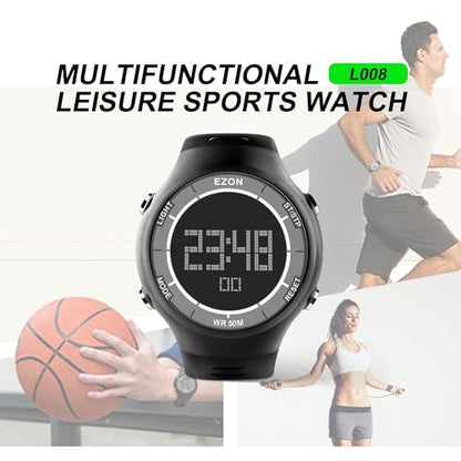 EZON Digital Watch with Stopwatch Countdown Timer Alarm EL Backlight,Ultra-Thin Large Display 5ATM Waterproof Digital Wrist Watches for Men Women - color: White-on-black