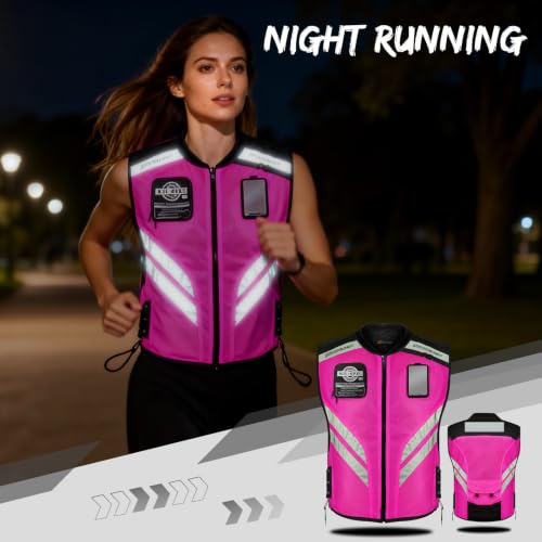 Pink Reflective Motorcycle Cycling Vest, Breathable Safety High Visibility Riding Vest For Women Adjustable Waist - size: Large