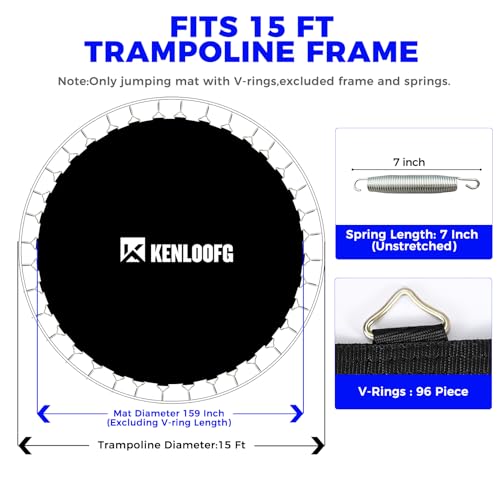 Trampoline Replacement Mat,72/96 V-Rings,Fits 12/14/15ft Trampoline Frame & 5.5"-7" Springs - color: Blue Jacquard Webbing, size: 15FT|159"Dia|96 V-Rings|Fits 7" Springs Length