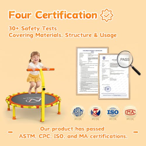 ANCHEER 38" Toddler Trampoline for Kids, ASTM Certified Foldable Mini Trampoline with Adjustable Foam Handle, Indoor & Outdoor Kids Trampoline, Quiet Design, 200 LBS Capacity, Easy Assembly - color: Lemon Yellow