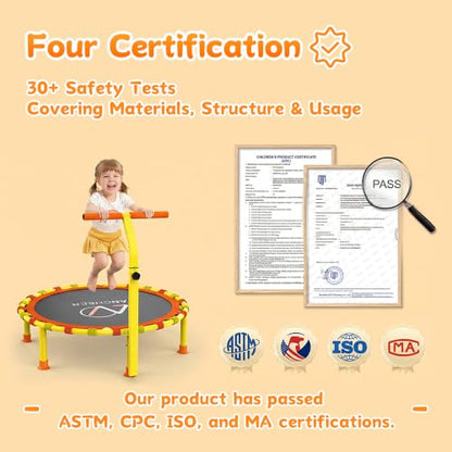 ANCHEER 38" Toddler Trampoline for Kids, ASTM Certified Foldable Mini Trampoline with Adjustable Foam Handle, Indoor & Outdoor Kids Trampoline, Quiet Design, 200 LBS Capacity, Easy Assembly - color: Yellow