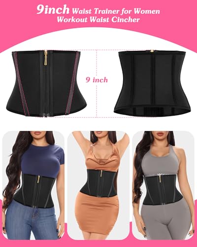 Women Waist Trainer Cincher 3 Straps Tummy Control Body Shaper - color: Black - 9 Inch - 9 Steel Bones - Hook & Zipper, size: X-Small