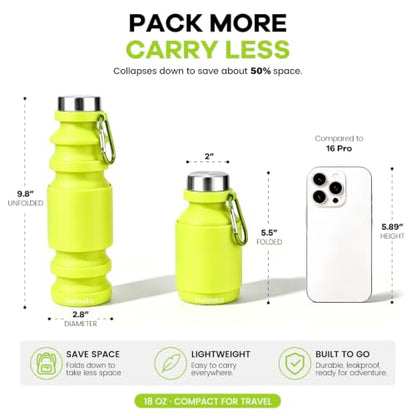 Nefeeko Collapsible Water Bottle, Reuseable BPA Free Silicone Water Bottles - color: Green-18oz