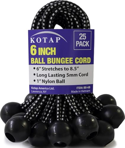 Kotap BB-6B Ball Bungee Cord, Heavy-Duty & Versatile, Indoor & Outdoor, Tarp Tie-Down, Organize & Secure, 6-Inch, Black, 25 Pack - size: 6 Inch, style: 25-Pack